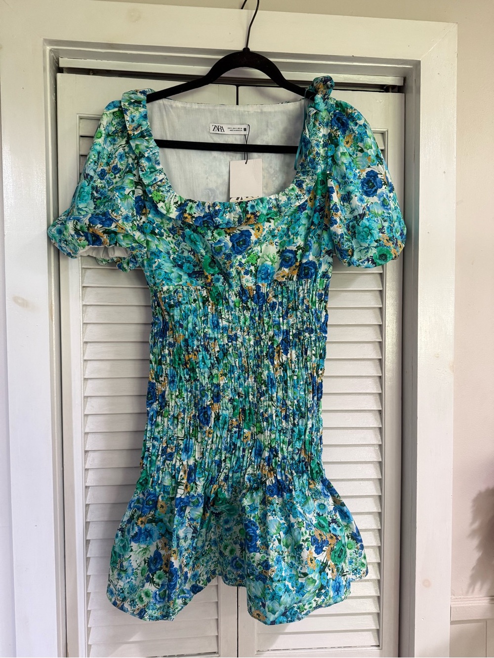 Zara Teal Blue Floral Smocked Mini Dress
